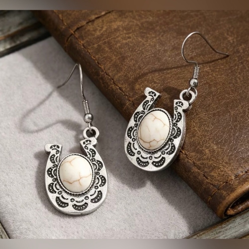 Western Earrings Bohemian Horseshoe White 24k White Gold Plated Dangle Earrings